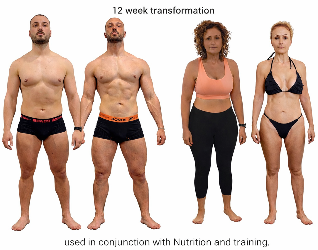 12-week transformation with text indicating it's used in conjunction with nutrition and training.